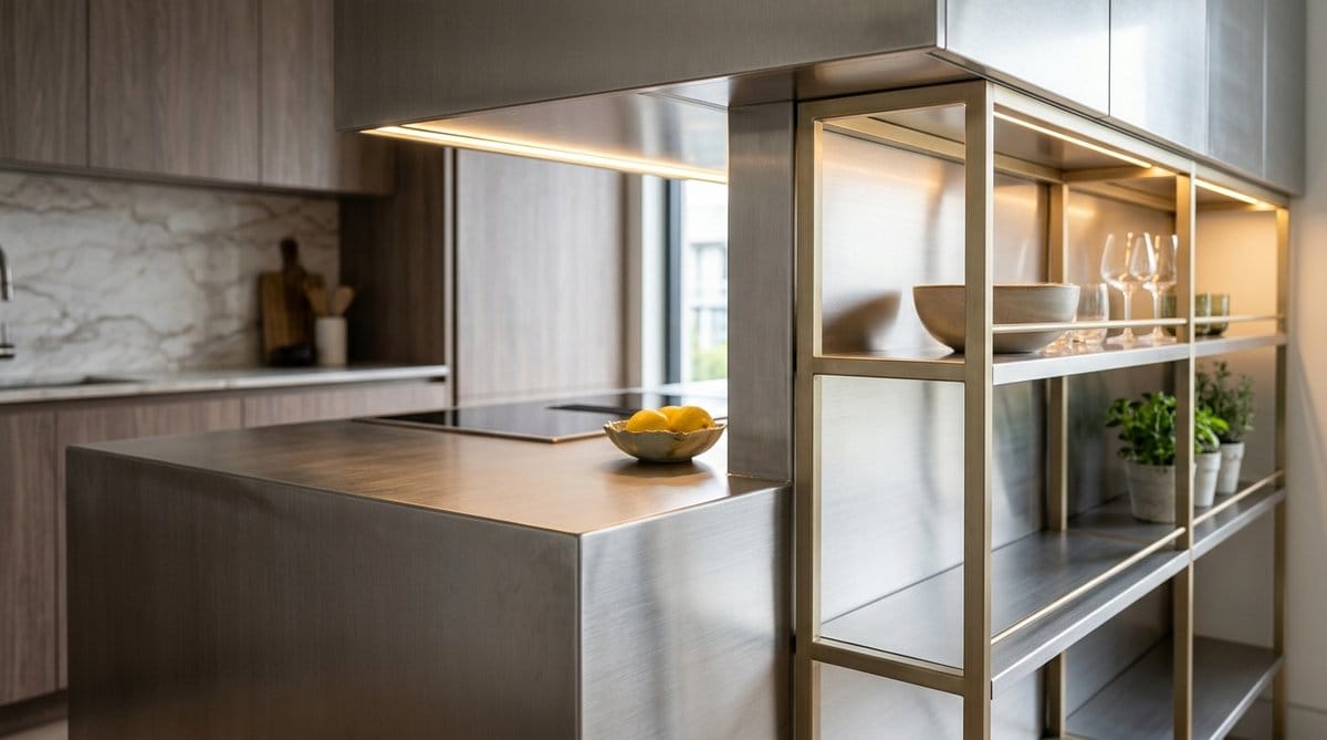 Bàn Đảo Và Giá Kệ Inox Mạ PVD Nội Thất bàn đảo và hệ giá kệ trang trí inox làm nội thất mạ pvd sang trọng