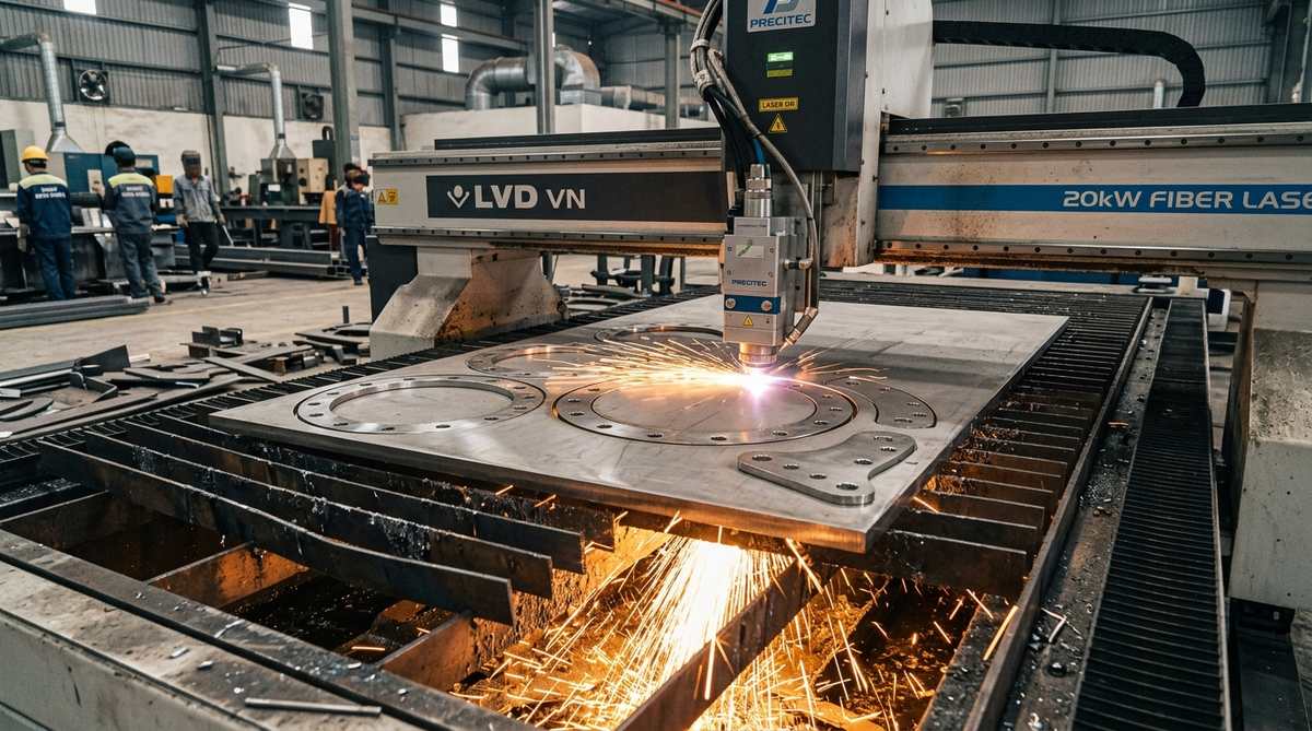 Cắt mặt bích phôi tấm inox dày 10mm bằng máy Laser Fiber 20kW Gia công cắt mặt bích và chi tiết cơ khí từ inox tấm dày 10mm bằng máy Fiber Laser 20kW