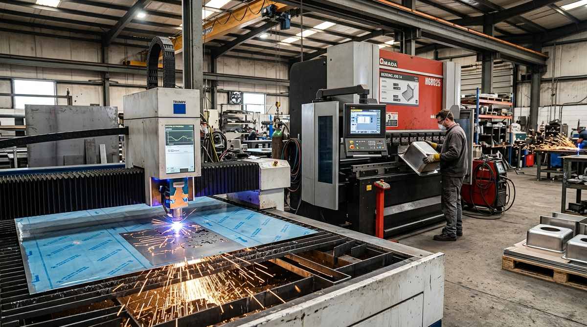 Cắt CNC laser fiber và chấn gấp CNC phôi tấm inox bếp công nghiệp tại xưởng HaVi