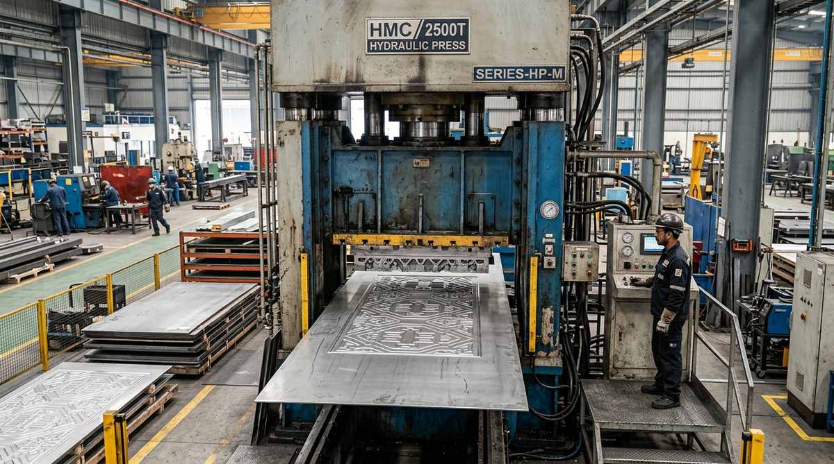 Hệ thống máy ép thủy lực dập định hình gân tấm inox tại xưởng HaVi Dây chuyền máy dập thủy lực dập định hình tấm gân chống trượt inox theo yêu cầu - Inox HaVi
