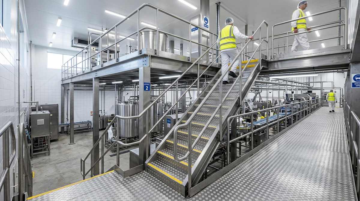 Sàn thao tác chống trượt tấm gân chống trượt inox tại nhà máy chế biến Ứng dụng sàn thao tác và bậc cầu thang tấm gân chống trượt inox - Inox HaVi