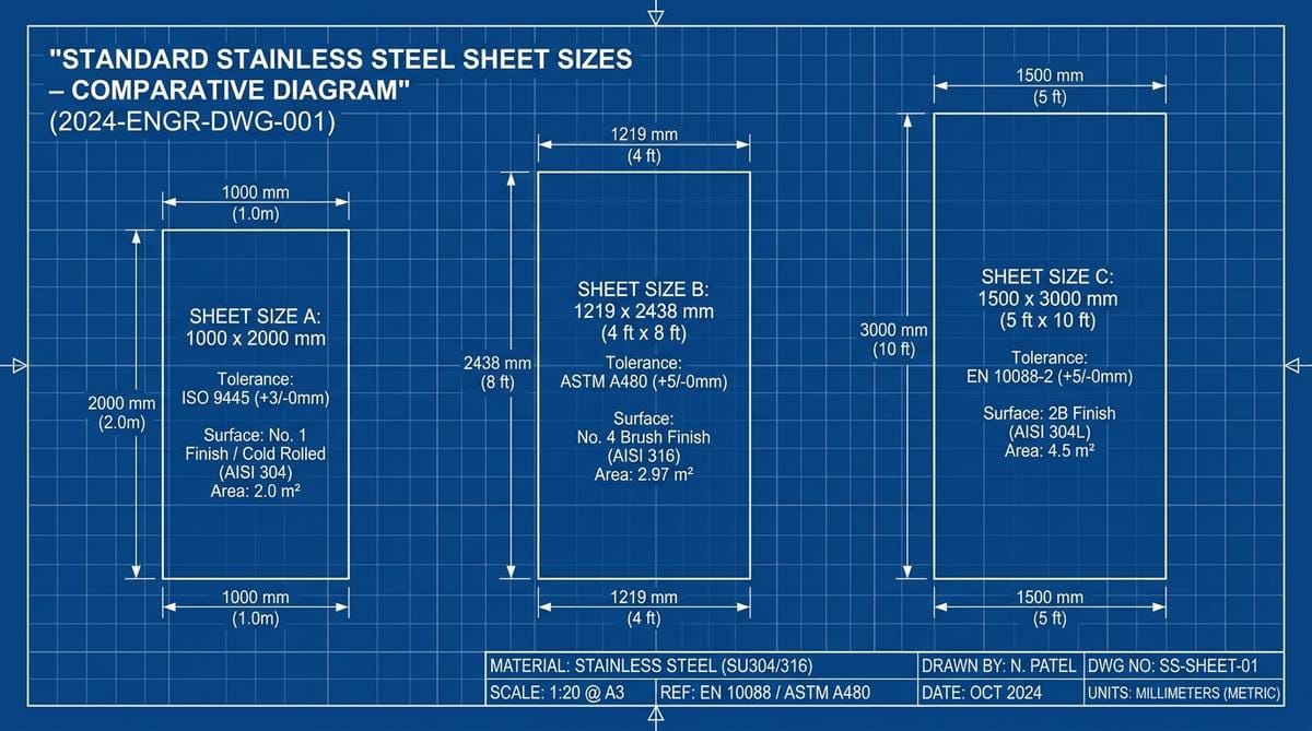 Sơ đồ kỹ thuật đối chiếu 3 kích thước khổ tấm inox tiêu chuẩn phổ biến nhất tại Việt Nam
