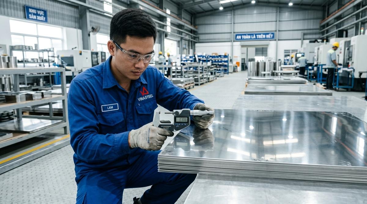 Kiểm định dung sai độ dày tấm inox 304 0.3mm tại trạm kiểm định chất lượng HaVi Kỹ sư đo kiểm tra độ dày tấm inox 304 dày 0.3mm bằng panme điện tử tại trạm QC HaVi
