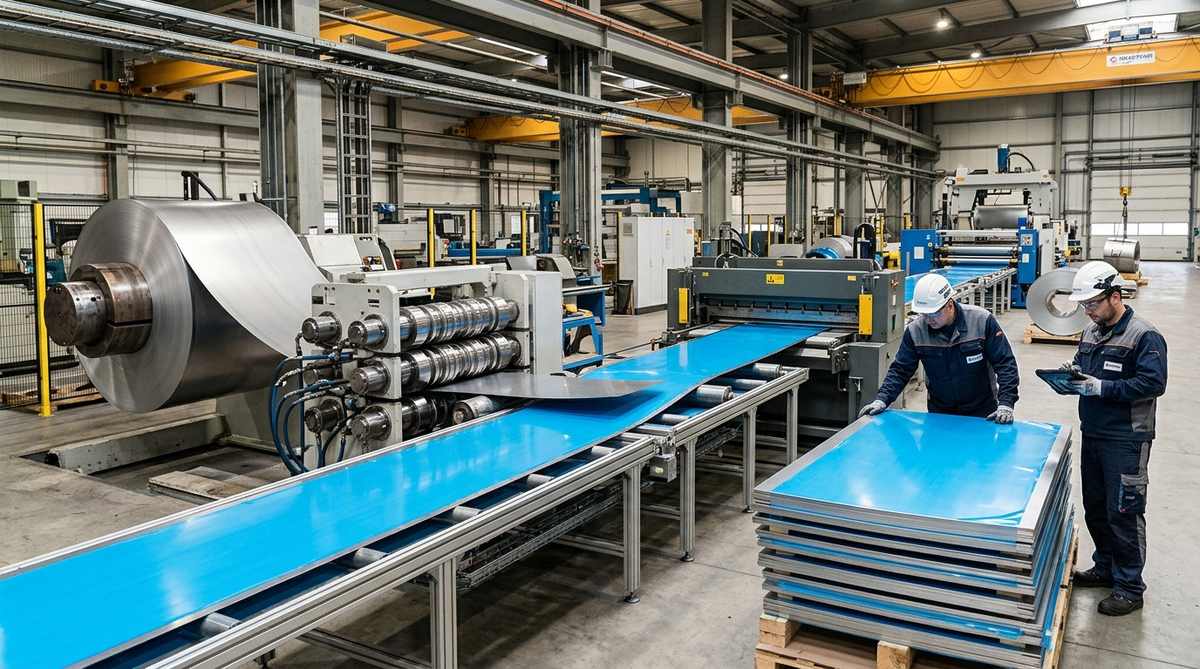 Dây chuyền xả cuộn nắn phẳng cắt tấm inox theo chiều dài yêu cầu dán film bảo vệ