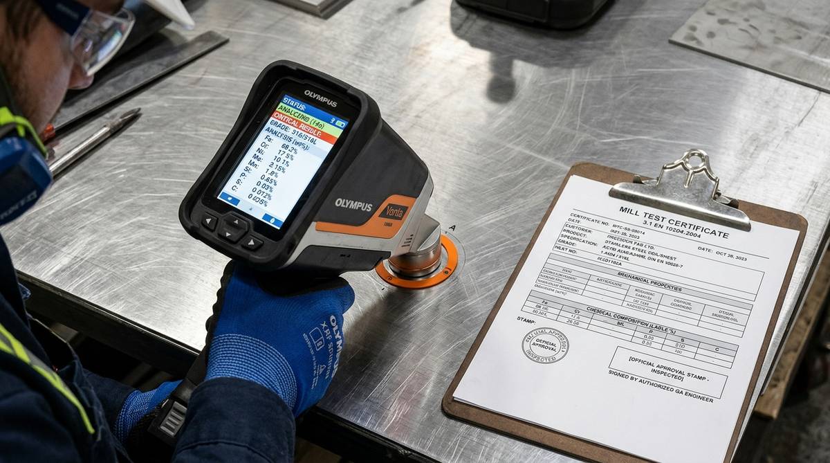 Kiểm tra thành phần hóa học quang phổ XRF đối chiếu Mill Certificate inox EN 10204 Type 3.1 - Inox HaVi